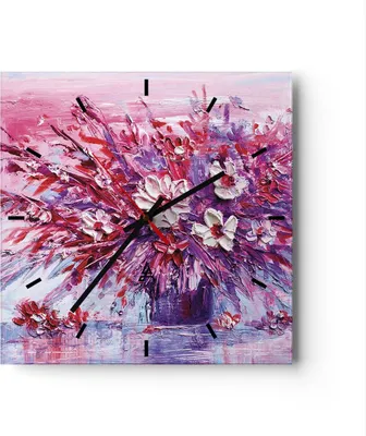 Produktbild von Wanduhr - Quadrat - Glasuhr - Pastos Blumen Rosa - 30x30cm - Schleichendes Uhrwerk - Lautlos - zum Aufhängen bereit - Dekoration Modern - Wanddekoration aus Glas - C3AC30x30-4530