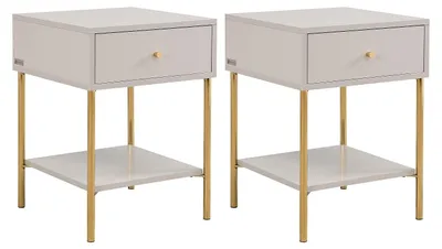 Produktbild von Set von 2 Nachttischen mit 1 Schublade - MDF und Metall - Beige und Gold - MILAVIA