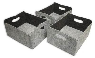 Produktbild von Set mit 3 waschbaren Aufbewahrungskörben aus Filz in meliertem Grau/Dunkelgrau, Maße (L x B x H): 30 x 24 x 15 cm, Aufbewahrungsbox, Regalbox, faltbare Box