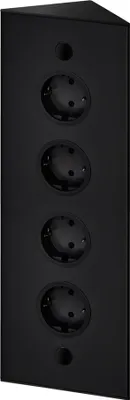 A black corner power strip with four outlets and two small circular openings, one at the top and one at the bottom.