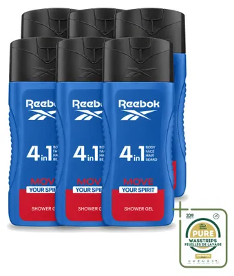 Immagine prodotto di 6 flaconi di gel doccia Reebok Move Your Spirit, formato 4-in-1, da 400 ml ciascuno. Confezione da 6 pezzi