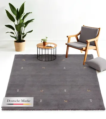 Produktbild von Wollteppich Gabbeh Uni Quadratisch Grau 150x150 cm | Moderner Teppich für Wohn- und Schlafzimmer