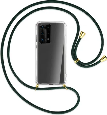 Produktbild von Handykette Backcover-Schutzhülle mit Band (Metall goldfarben) für Huawei P40 Pro Plus - dunkelgrün