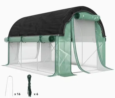 Image de Abri de jardin 300 cm x 200 cm x 198 cm - avec 12 ouvertures latérales, film résistant aux UV, résistant à l'hiver, abri avec table et ancrages au sol