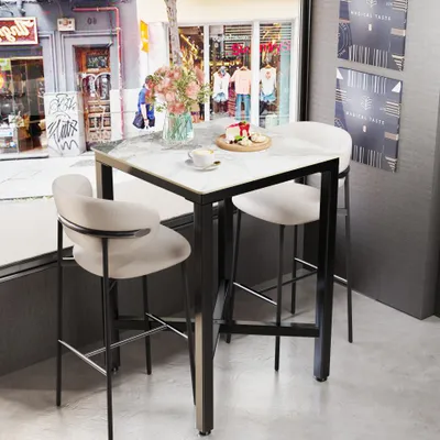 Image de Table de bar FATIVO 70 × 105 cm, table de bistrot carrée aspect marbre, table de cuisine étroite avec piètement métallique robuste, table haute pour cuisine, blanc émeraude