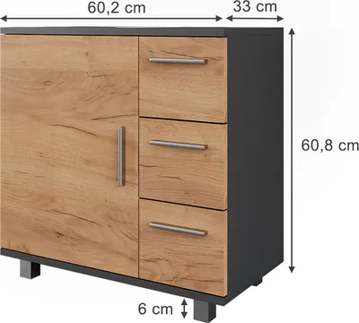 Obrázek produktu pro Toaletní skříňka pro umyvadlo Vicco Ilias Antracit/zlatý dub 60 x 60.8 cm s dvířky a 3 zásuvkami, Model 54755