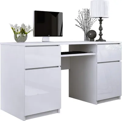 Produktbild von Schreibtisch: 2 Schubladen, Mattweiß / Weiß glänzend, 135 x 77 x 50 cm