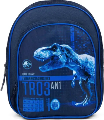 Imagen del producto de Mochila temática de Jurassic World para niños, con bolsillo frontal