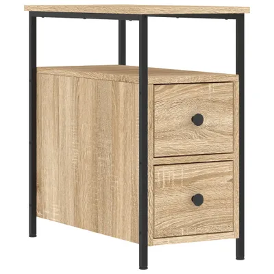 A product shot of a wooden bedside table with two drawers and black metal legs, isolated on a white background.