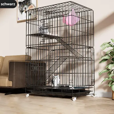 Produktbild von Kleintier-Käfige, Multifunktionaler faltbarer Kleintierkäfig, 3-stöckiger Katzenkäfig, Katzengehege auf Rädern, KatzenlaufstallGroßer, mit Tablett