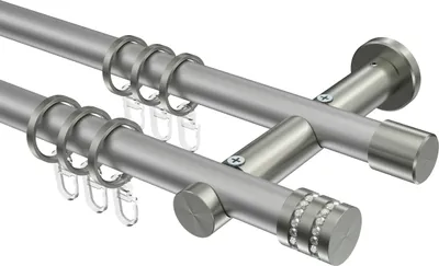 Produktbild von Interdeco Gardinenstange / Vorhangstange Silbergrau / Edelstahl-Optik, Typ Platon Estana (Glitzerkappe), 20 mm Ø 2-läufig, 420 cm