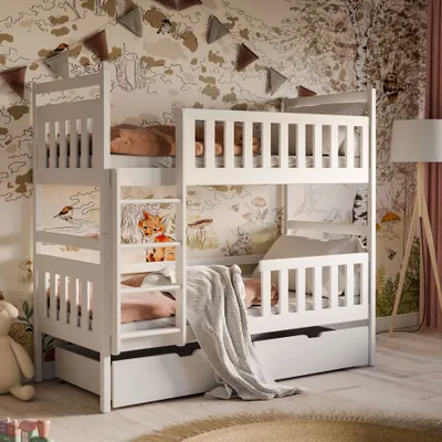 Produktbild von Hochbett 90x200 cm mit 2 Schubladen Etagenbett mit Rausfallschutz und Lattenrost, umbaubar in zwei Kinderbetten, aus Vollholz massiv in weiß