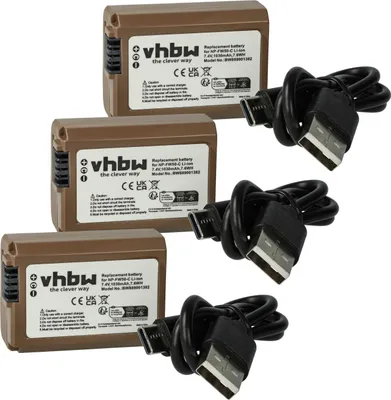 Produktbild von vhbw 3x Akku kompatibel mit Sony Alpha 7R II, 6400, A3000, 7, 7R, 6500, 7s, 7S II, 7S 2, 7 II Kamera (1030 mAh, 7,4 V, Li-Ion), Infochip, USB-C Buchse