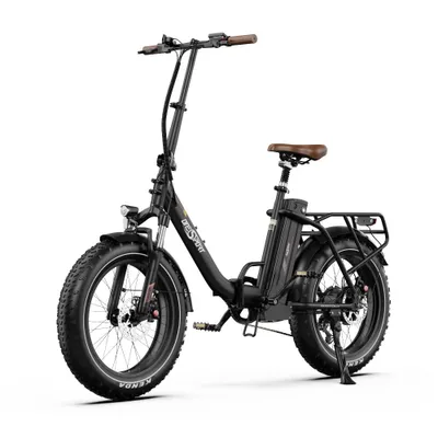 A black electric folding bicycle is shown against a white background.