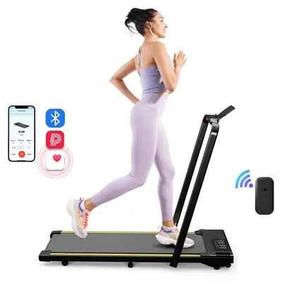 Image de Tapis de course pliable 3-en-1 – Tapis de marche pliable – Inclinaison réglable – Vitesse de 1 à 12 km/h – Écran tactile LED – Capacité jusqu'à 136 kg – Noir et jaune