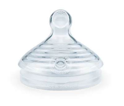 A clear, studio shot of a baby bottle nipple on a white background.