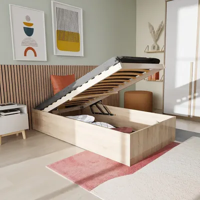 Produktbild von BETTKASTEN BILBAO mit Lattenrost/ Bett 90x200 - Eiche Hell Nachbildung