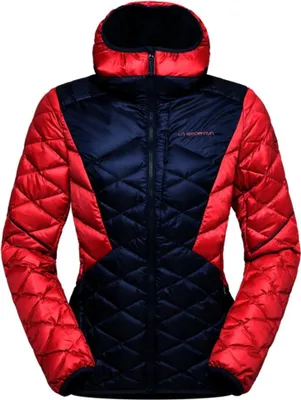 Rote und schwarze gesteppte Daunenjacke mit Kapuze und durchgehendem Reißverschluss von La Sportiva