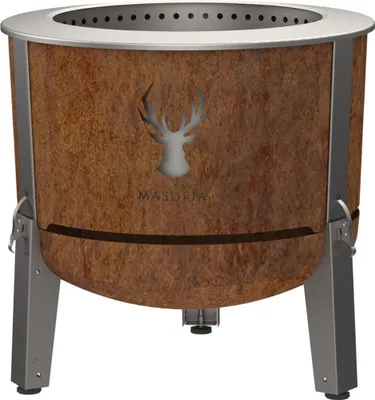A product shot of a fire pit with a deer logo.