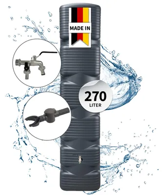 Produktbild von 4rain QUADRO Regentonne Wandtank Komplett-Set 270 Liter, graphite grey inkl. Chrom-Doppelauslaufhahn und Fallrohranschluss