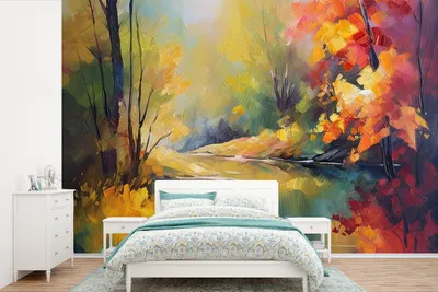 Produktbild von MuchoWow® Fototapete für Wohnzimmer oder Schlafzimmer Wandtapete Vinyl Motivtapete Landschaft - Ölgemälde - Fluss - Farbenfroh - 390x260 cm - Papiertapete