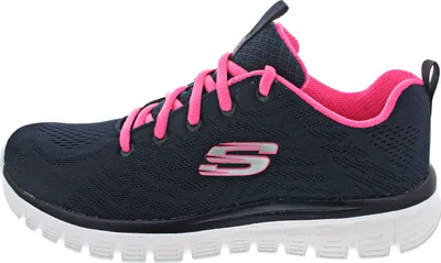 A side view of a navy and pink Skechers sneaker.