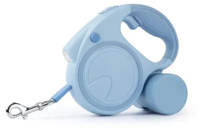 Image de Laisse pour chien - Laisse rétractable automatique - Éclairage LED - Large bande réfléchissante - Distributeur de sacs à crottes - Poignée antidérapante - Bleu