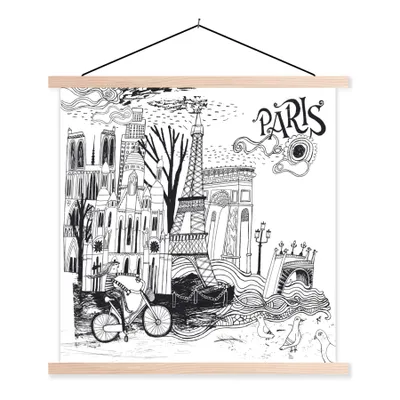 Produktbild von MuchoWow® Textilposter Paris - Zeichnung - Schwarz 60x60 cm mit holzfarbenen Rahmen - Wanddekoration