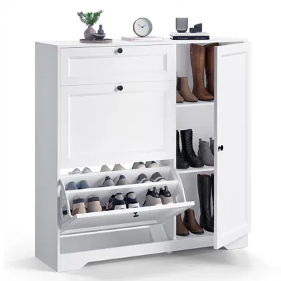 Produktbild von BEALIFE Schuhschrank 100x30x102 cm mit 2 Kippfächern, Top-Schublade & Tür | Kippsicherung, Böden für Flur & Diele | Weiß/Retro Braun | FS60