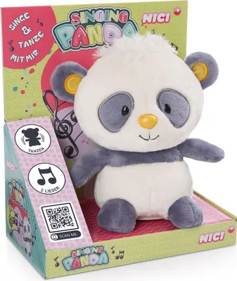 A Nici Singing Panda plush toy is presented in its retail packaging, which features colorful graphics and text.