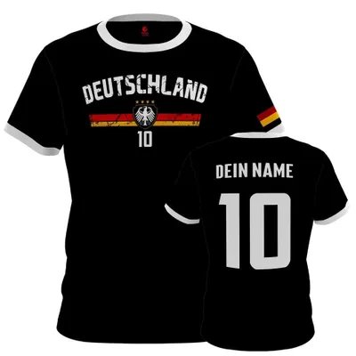 Produktbild von Deutschland Trikot T-Shirt personalisiert mit Name & Nummer – Fußball Shirt im Trikot Style Herren Damen EM WM Größe: M - Schwarz