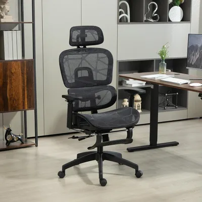 Produktbild von Sweiko Bürostuhl, Ergonomischer Schreibtischstuhl mit Netzstoffbezug, verstellbar, rollbar, mit Armlehnen, Kopfstütze, Schwarz