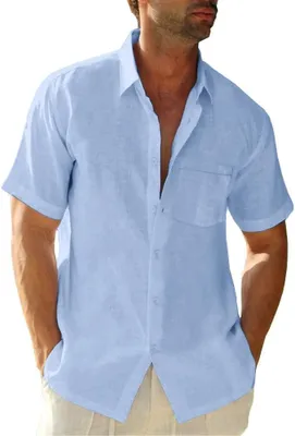 Image de Chemise en lin à manches courtes pour hommes - Coupe décontractée - Bleu clair