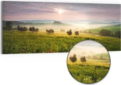 Produktbild von DEQORI Hybrid Leinwand Bild 150x60 cm 'Idyllisches Morgenlicht' Wandbild Glas flach modern