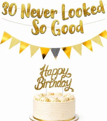 Imagen del producto de Kit de decoración para cumpleaños, 3 piezas, color dorado, incluye: pancarta, adornos para pastel y guirnalda de banderines, ideal para celebraciones