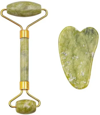 Produktbild von Jade-Roller-Set - Gesichtsmassage-Apparat - 2-in-1 - 100-prozent-Natur - Verjüngt-Haut - Masseiert-Rippen