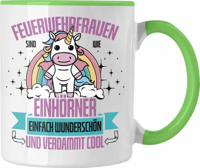 Produktbild von Trendation - Lustige Feuerwehrfrau Tasse Geschenk für Frauen in der Feuerwehr Einhörner (Grün)