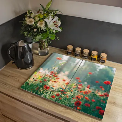 Produktbild von banjado Herdabdeckplatte zweiteilig je 30x52cm groß mit Gummi Abstandshalter, ESG Sicherheitsglas mit Motiv Waldmohn [HAP2 12779]