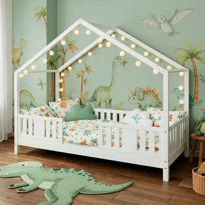 Produktbild von MEBLE WRÓBEL Kinderbett 80x160 cm – Bett mit Rausfallschutz & Lattenrost - Hausbett aus Kiefer Weiß - Kleinkindbett für Jungen & Mädchen - Standhöhe 10 cm