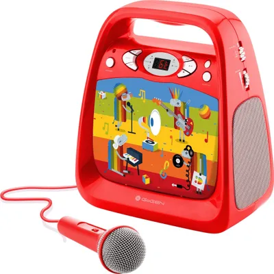 A red karaoke machine with a colorful cartoon band graphic on the front, and a red microphone connected by a cord.