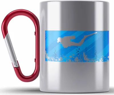 Produktbild von Trendation - Taucher Grafik Edelstahl Tasse Karabiner Geschenk für Tauchlehrer Geschenkidee Lustig Tauchen Tauchsport Blau (Rot)