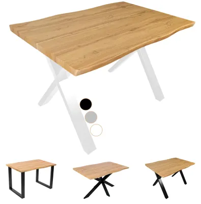 Produktbild von Esstisch Dua | 120 x 80 cm | Holz-Optik mit Baumkante in Wildeiche | X-Gestell Metall Weiß | 40 mm Tischplatte geteilt | Tisch für Esszimmer & Küche
