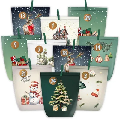 Productafbeelding van Adventskalender om te vullen - 24 kerstkalenders om zelf te knutselen - Adventszakjes - Papieren zakjes met cijferstickers om zelf te vullen