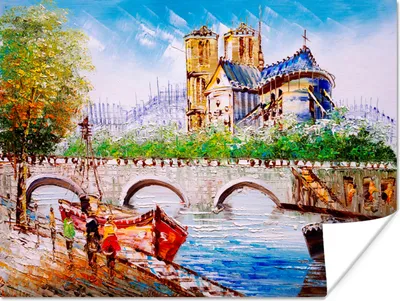 Produktbild von MuchoWow® Poster Gemälde - Paris - Boot - Brücke 120x90 cm - Wandbild