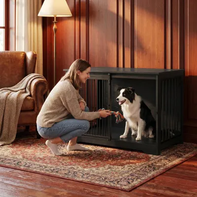 Produktbild von Hundekäfig Möbel, 100 cm Hundebox, 2 Türen, Schwarz | Schiebetüren, Moderne Hundebox Holz Indoor für Mittlere/Große Hunde, Hundekäfig für Zuhause