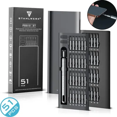 A precision screwdriver set is displayed with its packaging and case.