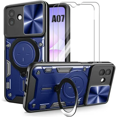 Image de Coque + 2 Verres Trempés pour Samsung Galaxy A07, avec Anneau et Protection Objectif Coulissante - Bleu Marine
