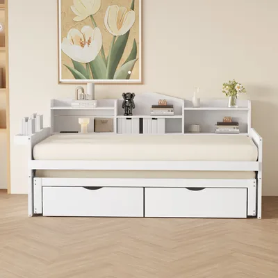 Immagine prodotto di Divano letto Abrihome 90x200 cm con letto estraibile, testiera con contenitore e cassetti, letto singolo in legno con presa USB, bianco (senza materasso)
