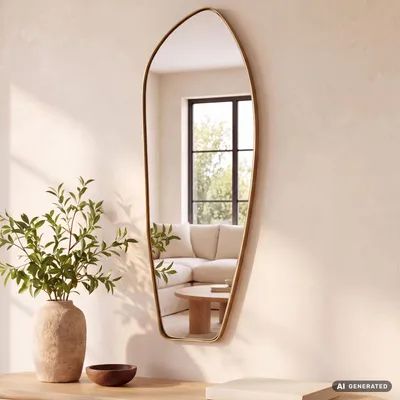 Immagine prodotto di Specchio da parete Finebuy, forma organica, 90 cm, moderno, senza cornice, design irregolare e asimmetrico, color oro, ideale per bagno, camera da letto, ingresso o corridoio, Immagine generata dall'IA