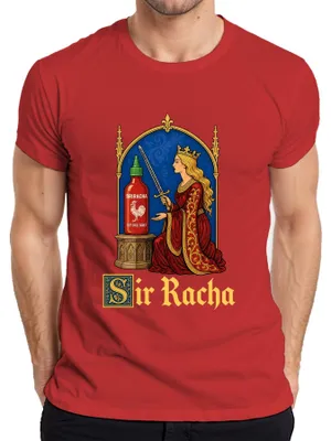 Immagine prodotto di Maglietta da uomo, colore rosso, taglia XL, con scritta "Sir Racha Sriracha Hot Sauce Königin Schwert Statement" (un'espressione sarcastica)